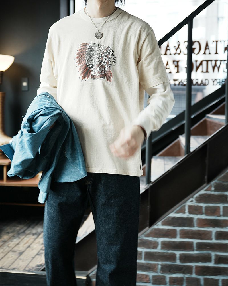 アメカジインディアンプリントTシャツのコーデ
