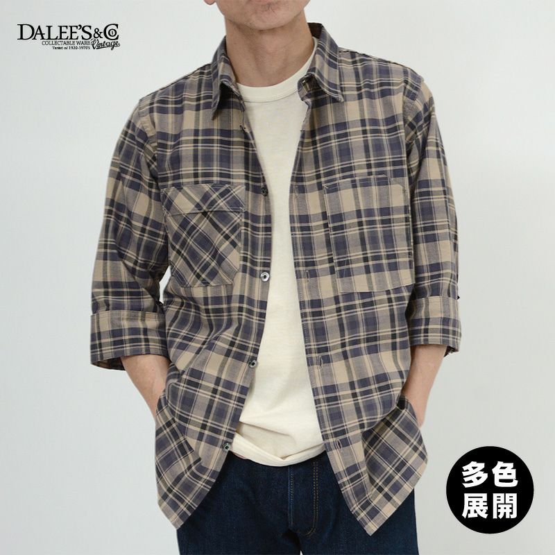 チェックとブラックシャンブレーの半袖シャツ